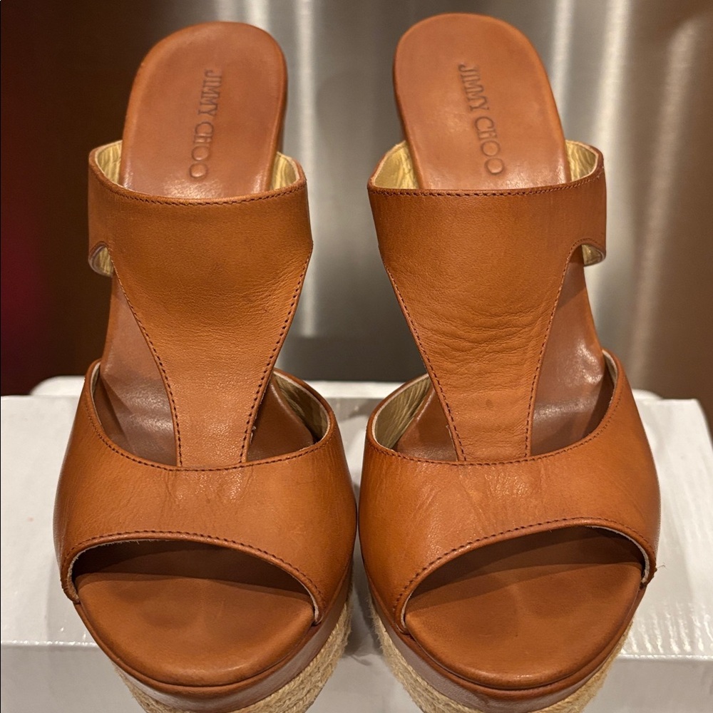 Jimmy Choo Tan Leather Espadrille Wedge Sandals - Picture 7 of 15
